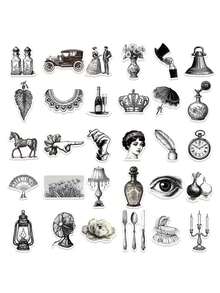 50pcs Black & White Retro Sticker Set, PVC Material, Each 3-7cm, Creative Aesthetic Design, Unique Patterns - 60PCS - View 3