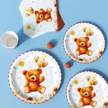 1 Set Flower & Bear Birthday Balloon Disposable Plates, Napkins, Cups, Serves 8 Guests, Suitable For Birthday, Wedding, Party, Family Picnic - Multicolor - View 4