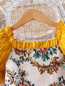 女童休闲优雅方领泡泡袖玫瑰花印花连衣裙，春夏款 - 黃色 - 查看 4