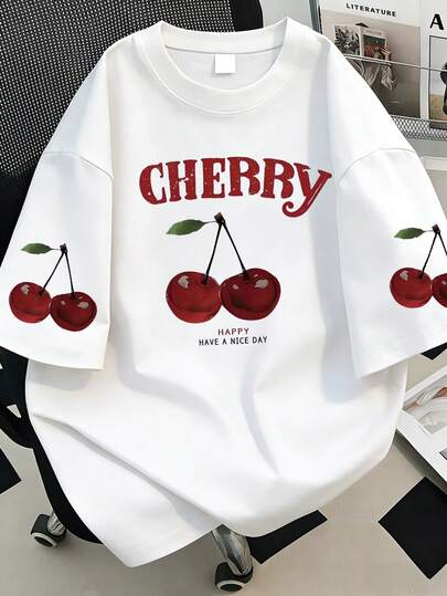 Camiseta de mujer talla grande con estampado de cerezas y letras, cuello redondo, adecuada para vacaciones de verano, regalo de Año Nuevo, regalo del Día de San Valentín, apta para uso diario, salidas, festivales, playa, fiestas, cumpleaños, reuniones, escuela, festivales de música, vacaciones, transporte, fitness, bodas, ropa exterior, atuendo de playa, atuendo de vacaciones, atuendo de primavera, regalo del Día de la Madre, atuendo de verano de mujer, atuendo de vacaciones de mujer casual