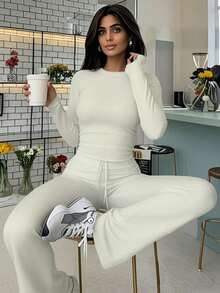 Women's Fashion Cropped Long Sleeve Top And Tie-Waist Flare Pants Sports Suit, Spring - White - View 1