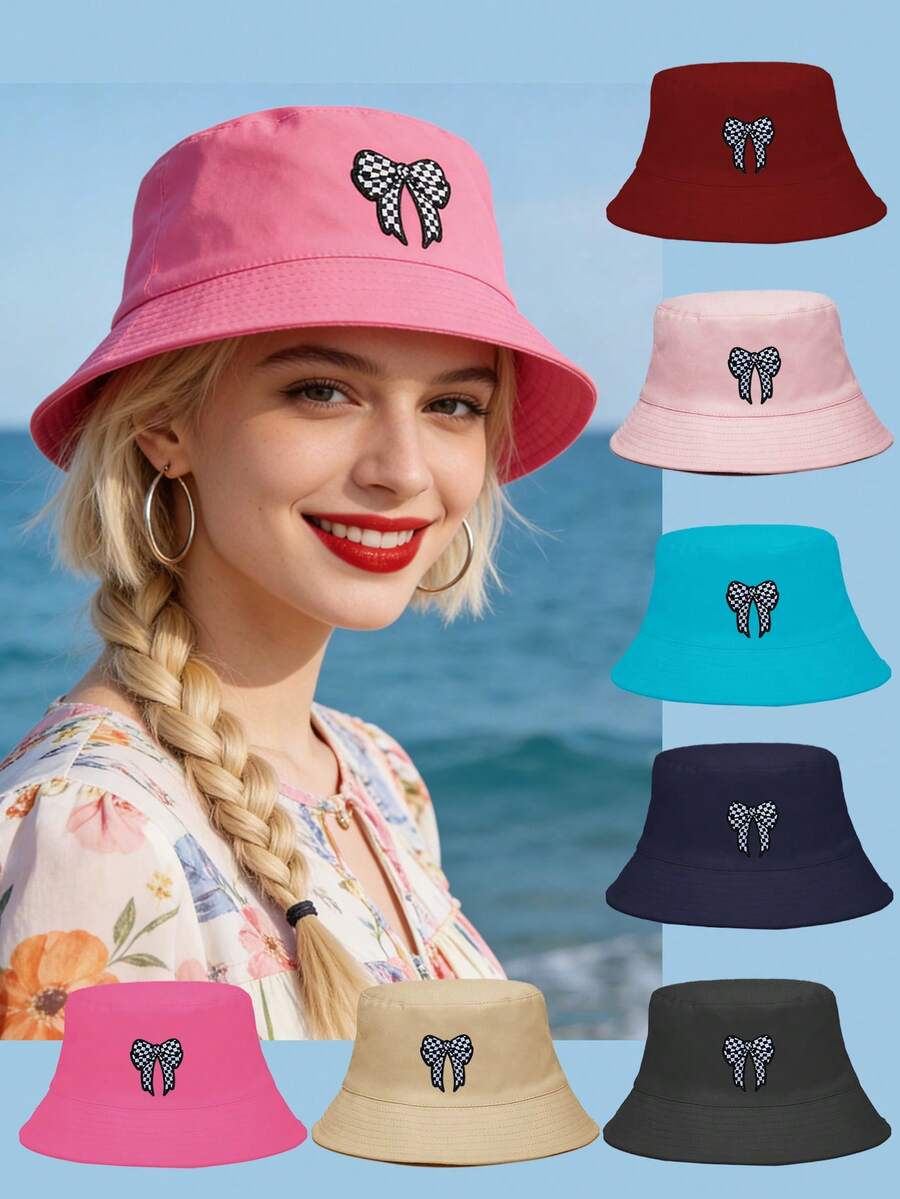1pc Women's Plaid Bow Bucket Hat, Sun Protection, Windproof, Warm, Suitable For Daily Wear - Multicolor - View 1