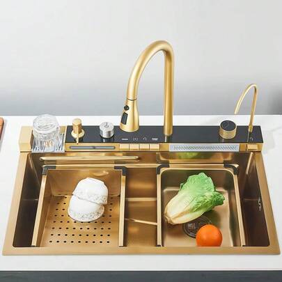 Gourmet Cozinha Inox 304 75x45cm Com Torneira Flexível Cascata Waterfall Lavador De Copos E Kit Multifuncional Cor Dourado Winda