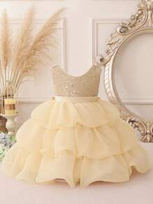 Champagne Sequin Elegant Princess Dress, Suitable For Party Occasions, Baby Girl - Champagne - View 3