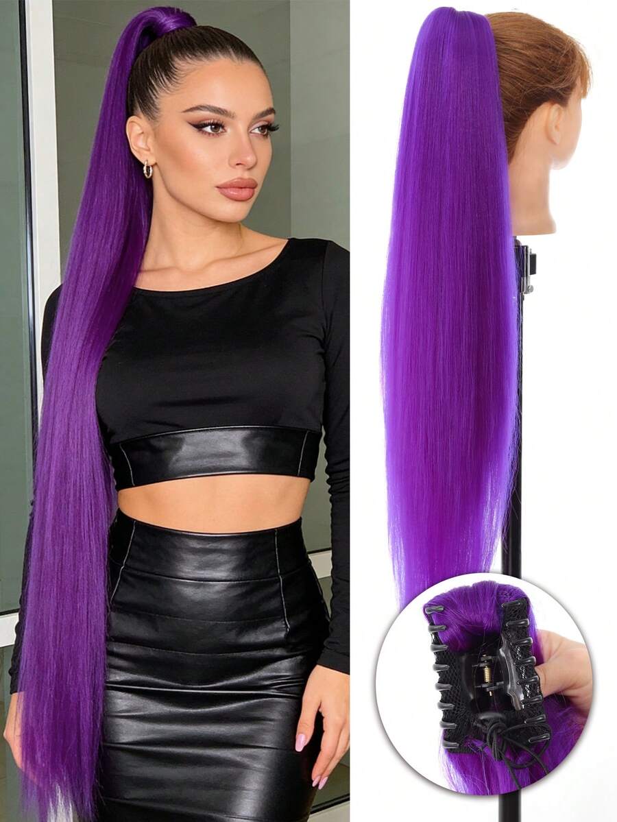 32英寸紫色夹式马尾接发，柔软自然的合成假发，适合女性佩戴 - 彩色 - 查看 1