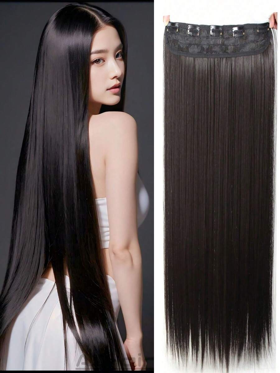 5pcs Straight/Wavy V-Shaped Hair Clips, Black Hair Extensions With 5 Clips For Daily Use - Multicolor - View 1