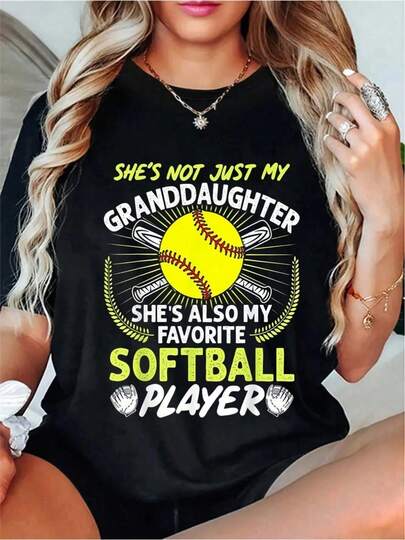 100% Cotton Funny My Granddaughter She's Also My Favorite Softball T-Shirt Women's Vintage Relaxed Fit Tee Premium Soft Tops Printing Round Neck Fashion Shirts