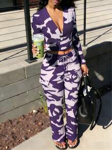 2pcs/Set Women Spring And Summer Outfit Y2K Sporty Casual Daily Violet Purple Camouflage Knit Cardigan Long Sleeve Minimalist Top & Relaxed Drawstring Cargo Pants Set, Valentine Outfits, Vacation Outfits Women - 紫羅蘭色 - 查看 1