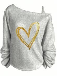 St Patricks Day Women, Gold Heart Graphic Off The Shoulder Sweatshirt, Casual Style With Long Gathered Sleeves, Perfect For Date Night And Spring Outfits-Vacation Outfits Women, Beachwear, Resort Wear, Summer TopsRelaxed Fit-Vacation Outfits Women, Beachwear, Resort Wear, Summer Tops - 灰色 - 查看 7