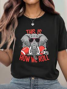Elephant With Sunglasses Football Helmet Graphic T-Shirt For Women, Oversized Crewneck Tees Casual Wear, Spring Cotton Tops Short Sleeve, Summer Basic Tees, Funny Clothes For Women - 黑色 - 查看 1