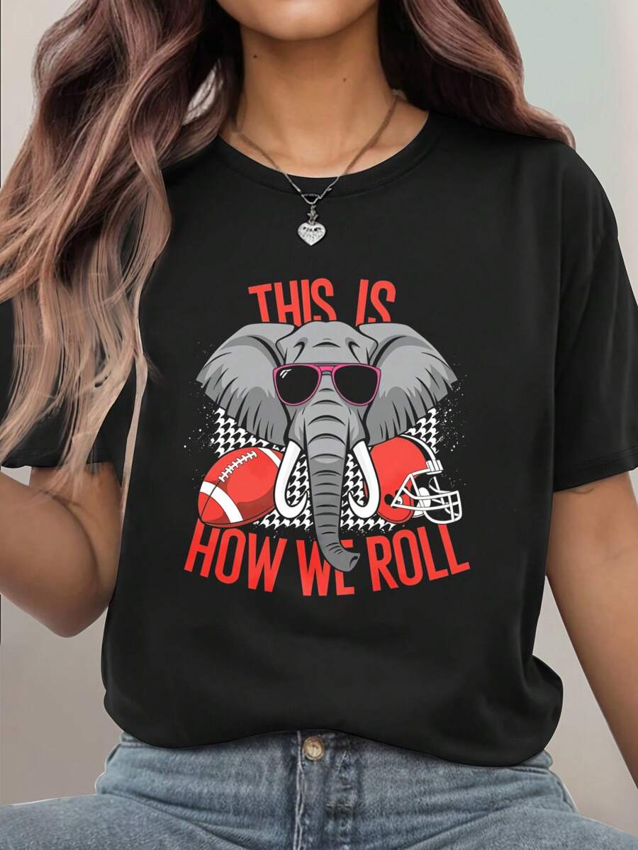 Elephant With Sunglasses Football Helmet Graphic T-Shirt For Women, Oversized Crewneck Tees Casual Wear, Spring Cotton Tops Short Sleeve, Summer Basic Tees, Funny Clothes For Women - 黑色 - 查看 1
