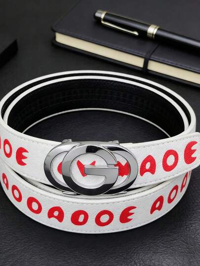 1pc Men's Casual Leather Belt With Letter G Buckle, Cartoon Letter Print Classic Business Formal Belt, Suitable For Work, Party, Outing, 120cm Length