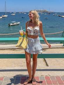 Women's Summer New Fashion Casual Y2K Cute Elastic Waist Blue Skirt, Lightweight Knit Hollow Out Skirt, Double-Layer Pleated Skirt, Suitable For Daily Casual, Holiday Outings, Beach Vacation, Beach Party, Fashionable Street Shooting - Blue - View 5