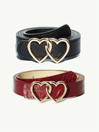 1pc Women's Oval Double Heart Buckle Belt, New Fashion Crocodile Grain Leather Belt Design, Stylish And Casual, Suitable For Jeans, Casual Pants, Skirts - Fashion Accessory