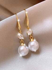925 Silver White Pearl Zirconia Earrings Gold Silver Retro Valentine Party Gift Box - Gold - View 6