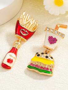 2 件/4 件/6 件可爱水钻汉堡和薯条耳钉，时尚仿制食物耳环汉堡、薯条、爆米花、冰淇淋、西瓜、火锅，适合休闲、派对穿着或礼物 - 彩色 - 查看 5