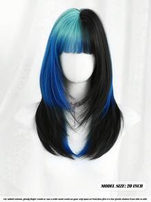 NAMM Tóc giả dài ngang vai 20 inch màu đen ombre xanh dương có mái, tóc giả bồng bềnh highlight xanh dương dành cho nữ sử dụng hàng ngày, dự tiệc, tóc giả tổng hợp chịu nhiệt không cần keo, tóc giả hóa trang lễ hội K-Pop - Màu xanh lam - Xem 4