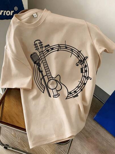 This Music Festival Boys' Short-Sleeved T-Shirt Features A Unique Guitar Note Print Design And A Casual Crew Neck Design In Apricot Color