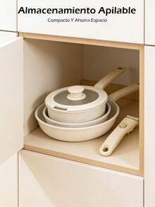 Juego de ollas antiadherentes de 22 piezas, de cerámica antiadherente, de granito. Libre de PFAS, PFOA, plomo y cadmio. Ligero, de calentamiento rápido y uniforme, fácil de limpiar, ultrarresistente, con asas extraíbles de imitación de baquelita. Versátiles ollas de granito aptas para todo tipo de cocinas, incluyendo inducción, gas, eléctricas y vitrocerámica. Diseño apilable o encajable. Se guardan fácilmente en armarios o cajones. Ideales también para camping y viajes en autocaravana - Albaricoque - Ver 4