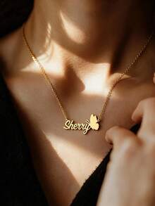 18K Gold Plated Personalized Butterfly Name Necklace, Stainless Steel Insect Name Necklace, Custom Gift For Women And Men - 1 - View 1