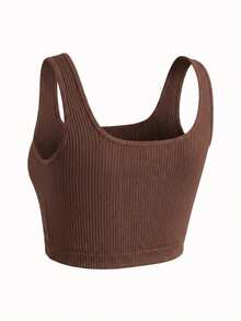 Áo tank top ngắn tay cổ vuông, dây bản rộng, chất liệu gân, ôm sát, hở eo, thích hợp cho hoạt động thể thao, trang phục mùa hè cho nữ, áo lót đa năng cho tập luyện. - Cà phê nâu - Xem 3