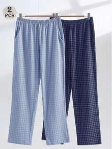 2 chiếc quần pajama nam nhẹ, phối màu kẻ caro tương phản, dáng rộng, có túi, thích hợp cho mùa xuân và mùa thu. - Nhiều màu - Xem 1