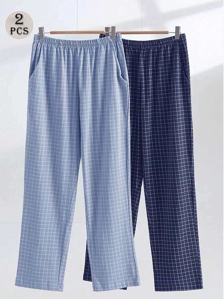 2 chiếc quần pajama nam nhẹ, phối màu kẻ caro tương phản, dáng rộng, có túi, thích hợp cho mùa xuân và mùa thu. - Nhiều màu - Xem 1