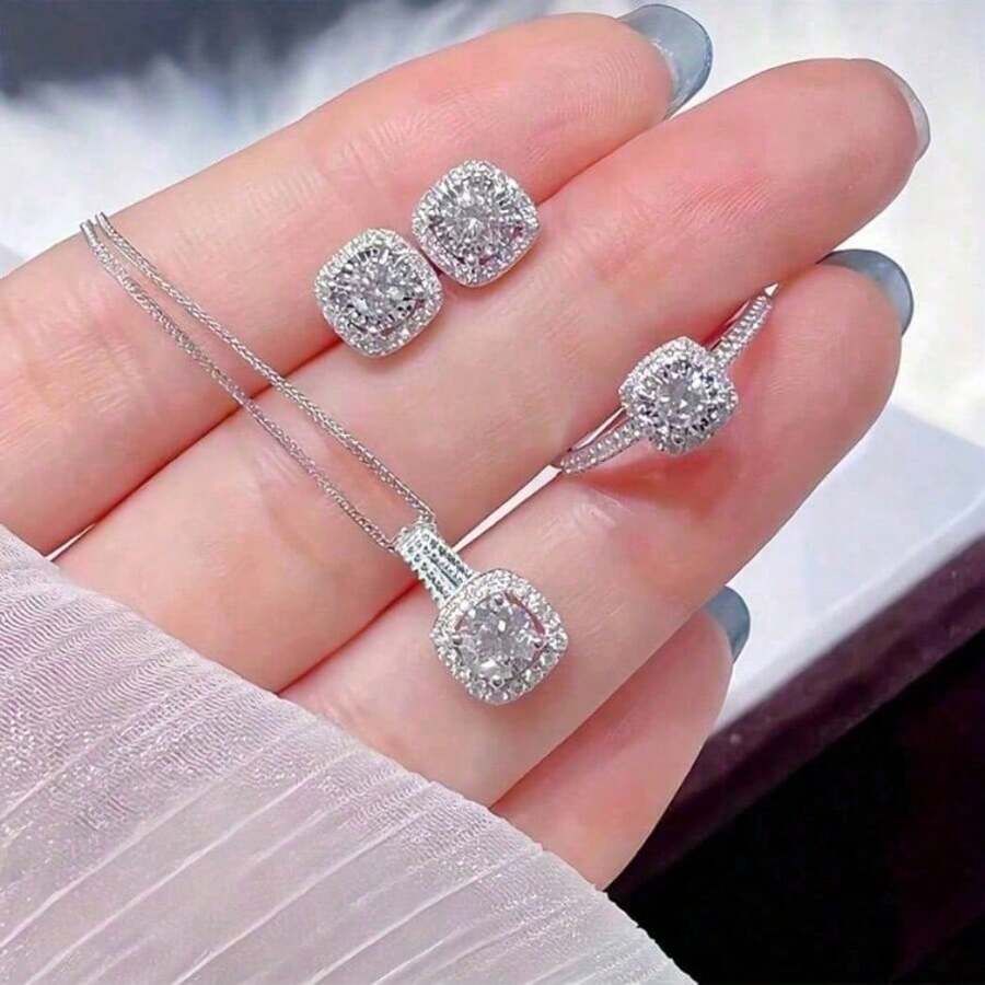 4pcs/Set Cuboid Shiny Zirconia Inlaid Stud Earrings & Pendant Necklace & Ring Elegant Luxury Style Delicate Female Gift - Bạc - Xem 1