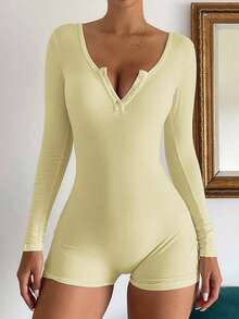 Bộ jumpsuit nữ Vaiaye cổ chữ V cài nút màu trơn tối giản - Jumpsuit ngắn tay dài ôm sát, phù hợp cho tập thể dục, thể thao ngoài trời gợi cảm đa năng, lễ tốt nghiệp, mùa tựu trường, jumpsuit dệt kim mùa thu/đông thanh lịch mùa xuân - Màu vàng - Xem 6