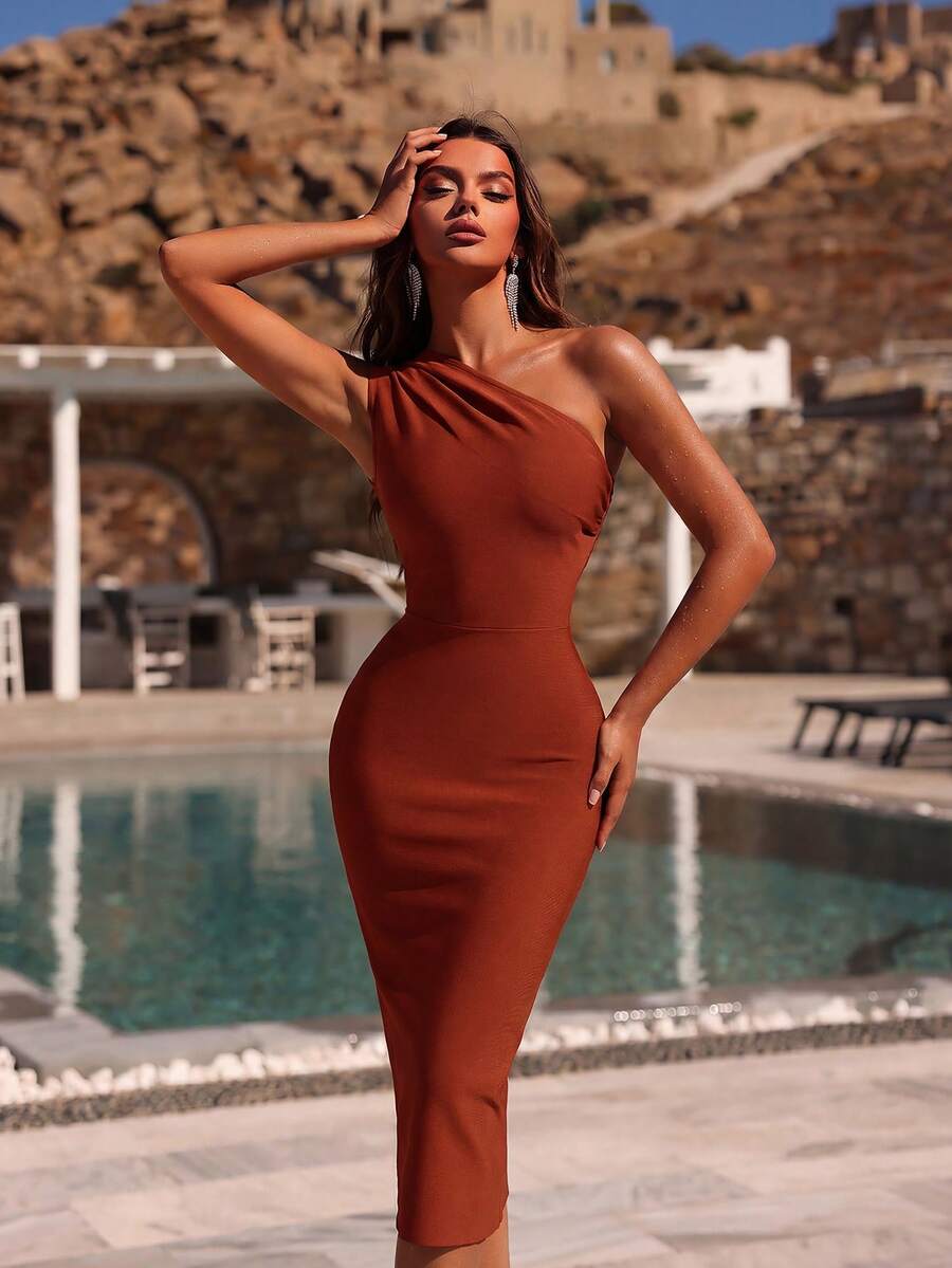 ADYCE 露背拉链修身优雅中长绷带连衣裙，适合婚礼宾客、鸡尾酒会、舞会、生日、毕业典礼、正式晚宴、返校节等场合，春季新款。 - 棕色 - 查看 1