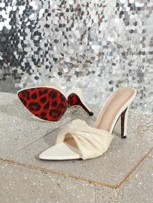 Women's Fashion Pointed Toe Ruched Open Toe White High Heel Sandals, Sexy Elegant Elegant Versatile Stiletto Slide Sandals - Apricot - View 5