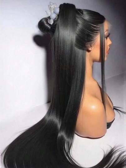 VIOLLY 26英寸优雅自然黑色直发混纺真人发假发，180%密度，13x6大面积透明蕾丝前额编织，巴西原生发假发，女性自然外观，适合休闲和日常佩戴，适合所有种族