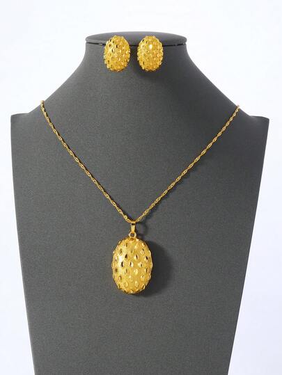 两件套中东斋月铜金色镂空点状椭圆形吊坠项链耳环首饰套装，馈赠亲友的最佳礼物