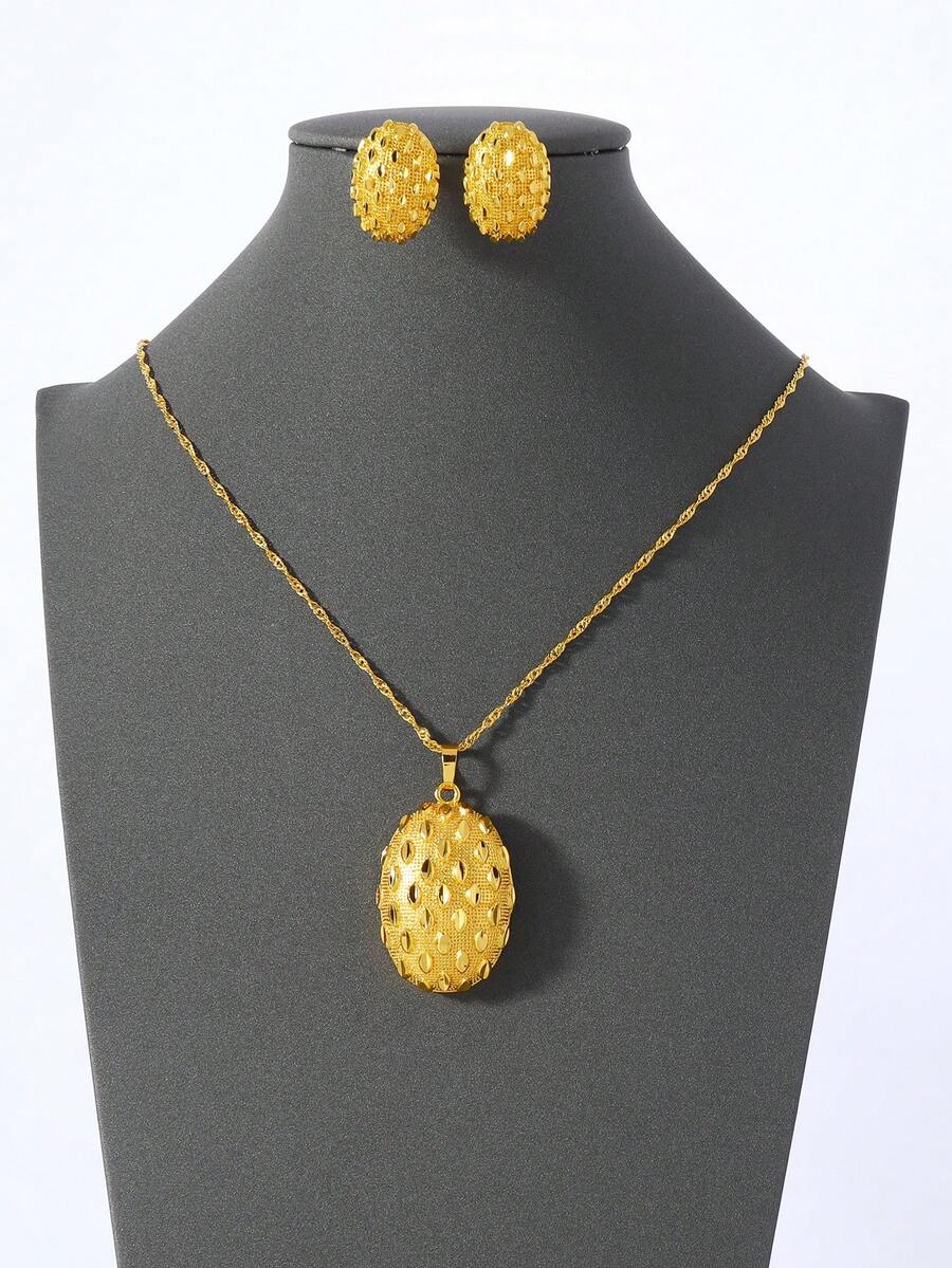 两件套中东斋月铜金色镂空点状椭圆形吊坠项链耳环首饰套装，馈赠亲友的最佳礼物 - 金黃色 - 查看 1