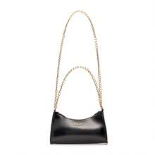 Metallic Baguette Crossbody Bag With 2 Chain Straps And Double Smooth Chain - Black - View 1