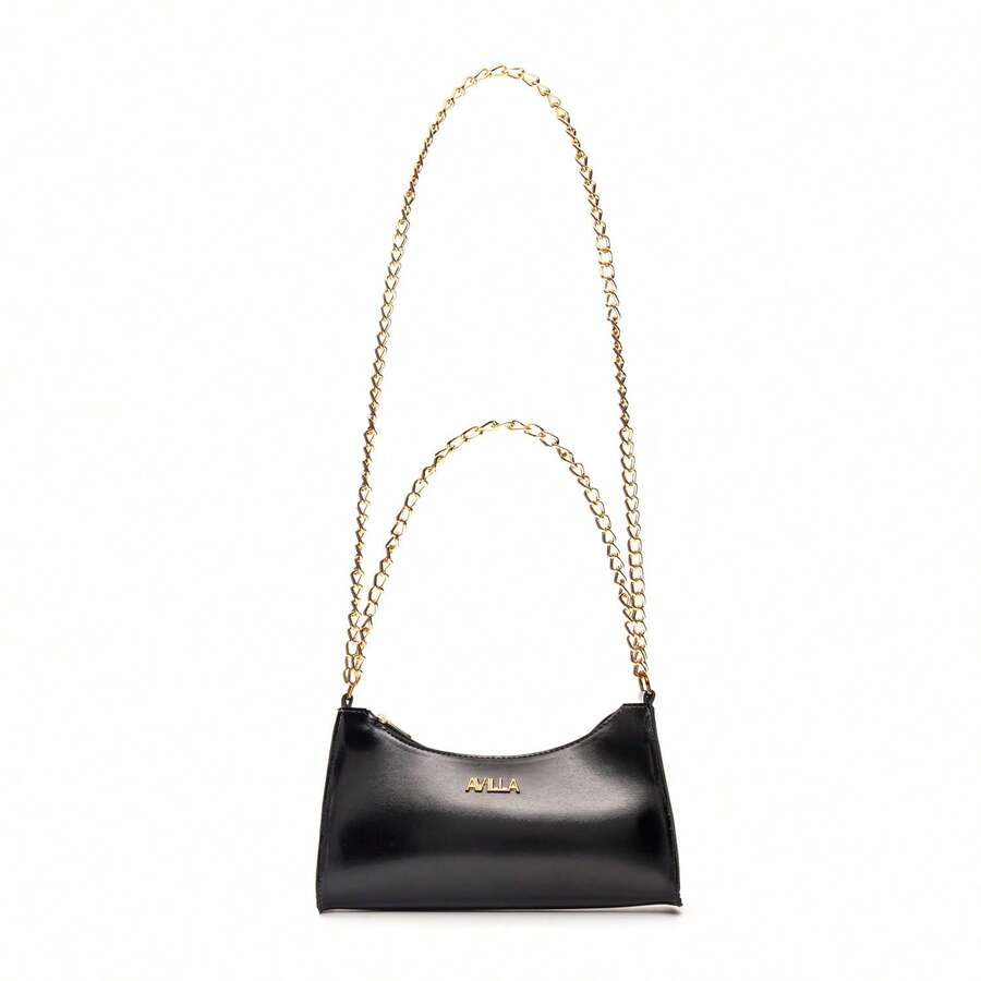 Metallic Baguette Crossbody Bag With 2 Chain Straps And Double Smooth Chain - Black - View 1