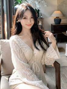 白色V领镂空针织开衫，女士春夏款，清新柔美，独特华丽，收腰设计，时尚有型。 - 杏色 - 查看 4