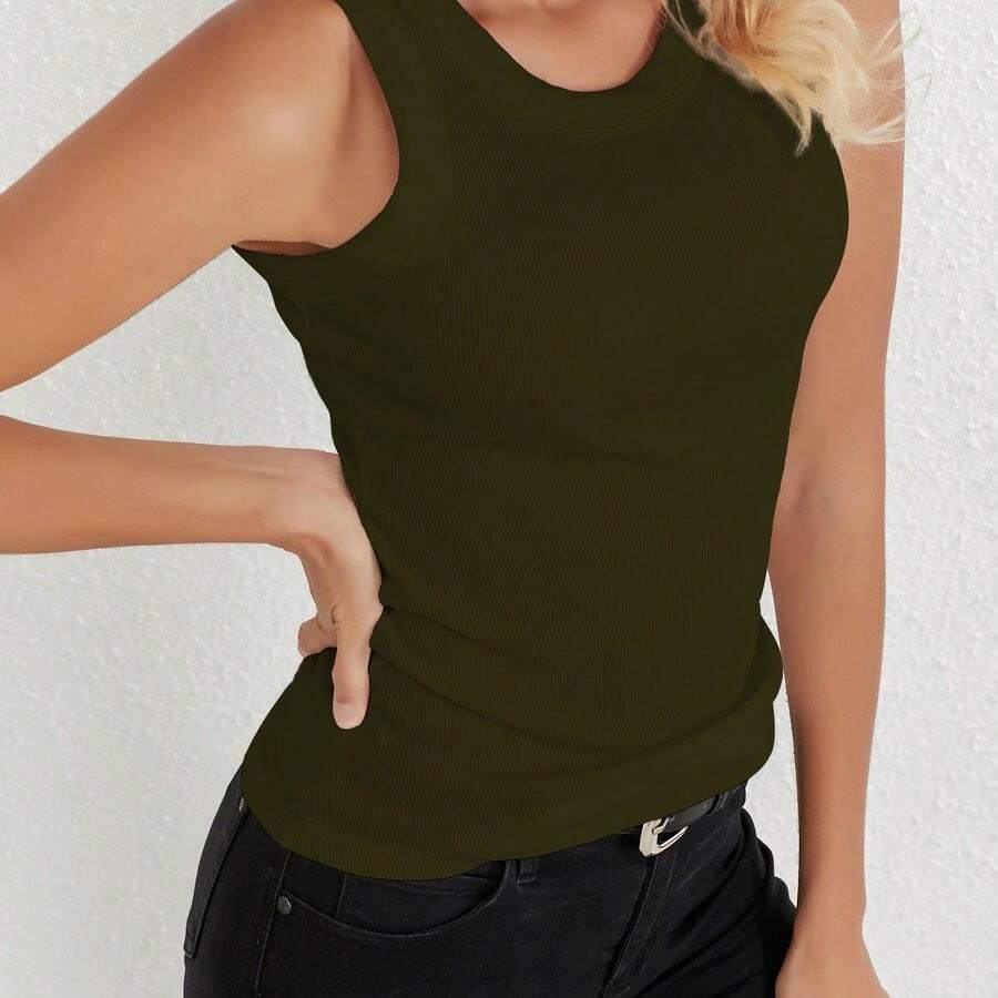 Women'S Sleeveless Athletic Tank Top - Beige Ribbed Workout Vest With Adjustable Drawstring, Breathable & Comfortable For Gym, Yoga, And Casual Wear, Workout Clothes - Army Green - View 1