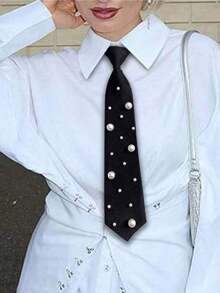 1pc Women's Solid Black Necktie, Slouchy Tie For Uniform Shirt Suit Everyday Use - Cà vạt ngọc trai - Xem 3