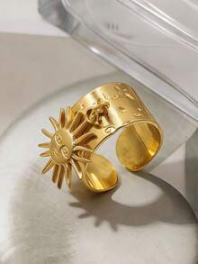1 buah Cincin Baja Titanium dengan Desain Geometris Sunburst yang Modis, Cocok untuk Pemakaian Sehari-hari untuk Pria dan Wanita - Emas - View 4