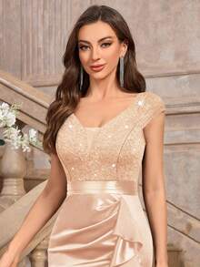 MIUSOL Deep V-Neck Sequin Lace Ruffle Hem Satin Maxi Evening Party Dress Wedding Spring - Champagne - View 9