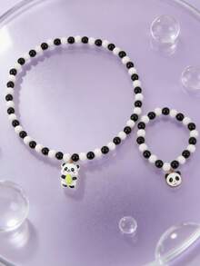 2件套可爱熊猫串珠项链和手链套装，甜美少女风格百搭饰品，适合日常佩戴和开学季 - 均碼 - 查看 1