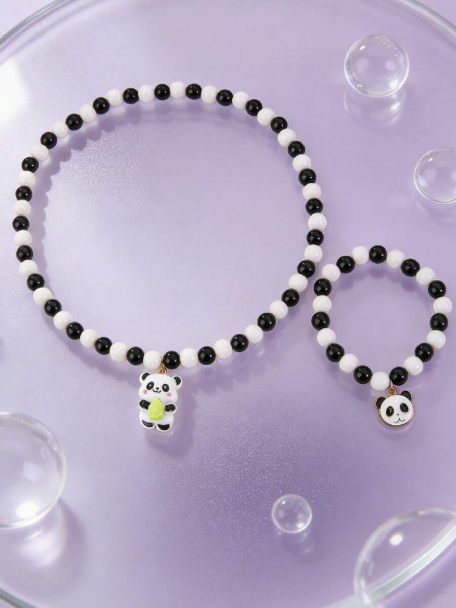2件套可爱熊猫串珠项链和手链套装，甜美少女风格百搭饰品，适合日常佩戴和开学季 - 均碼 - 查看 1