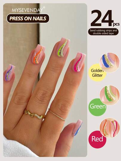 24片短方形美甲贴片，全覆盖美甲，饰以彩色条纹图案/配有果冻胶和摩擦条，适合聚合，可重复使用，日常使用可提升您的气质
