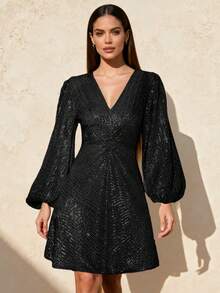 1pc Shiny V-Neck Lantern Sleeve Party Dress With Romantic Sequin Patchwork, Suitable For Party, Birthday, Date Night, Music Festival - Black - View 5