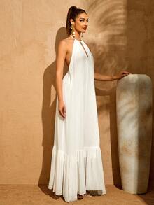 LOVE&LEMONADE Women's White Sexy Backless Asymmetric Ruffle Hem Design Chiffon Maxi Party Dress - White - View 4