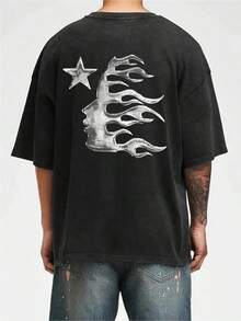 Men's Printed Pattern Washed T-Shirt - Casual Loose Summer T-Shirt With Star And Flame Design, Adult Brown 100% Pure Cotton Round Neck Shirt, Breathable T-Shirt |   Avant-Garde Casual Wear |   100% Pure Cotton Printed T-ShirtNew Casual T-Shirts For Men And Women - màu đen - Xem 3