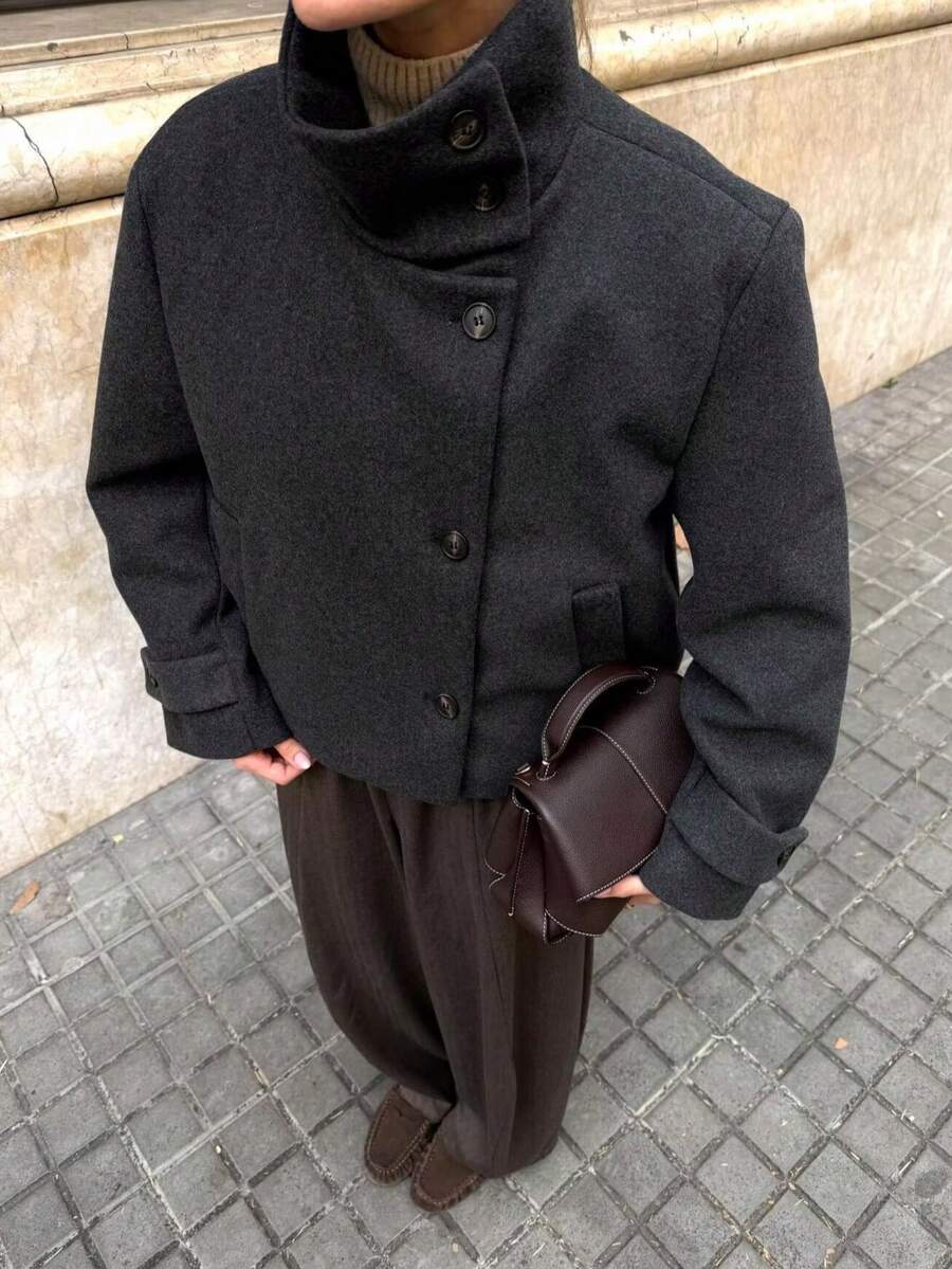 DEEKA 秋冬新款女装简约百搭立领外套 - 深灰色 - 查看 1