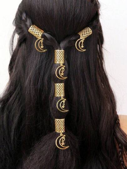 5pcs Eid Mubarak Gold Lattice Moon & Star Tassel Decor Set, Bohemian Cute Hiphop Hair Clips, Headband, Hair Rings, Braided Rings, Eid Gift, Party Accessories
