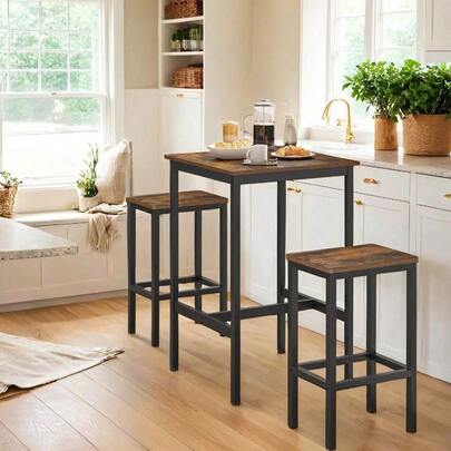 Bar Table And Stools Set Of 3, High Kitchen Table With 2 Bar Chairs, Dining Room, Space Saving For Breakfast, Rustic Brown And Black